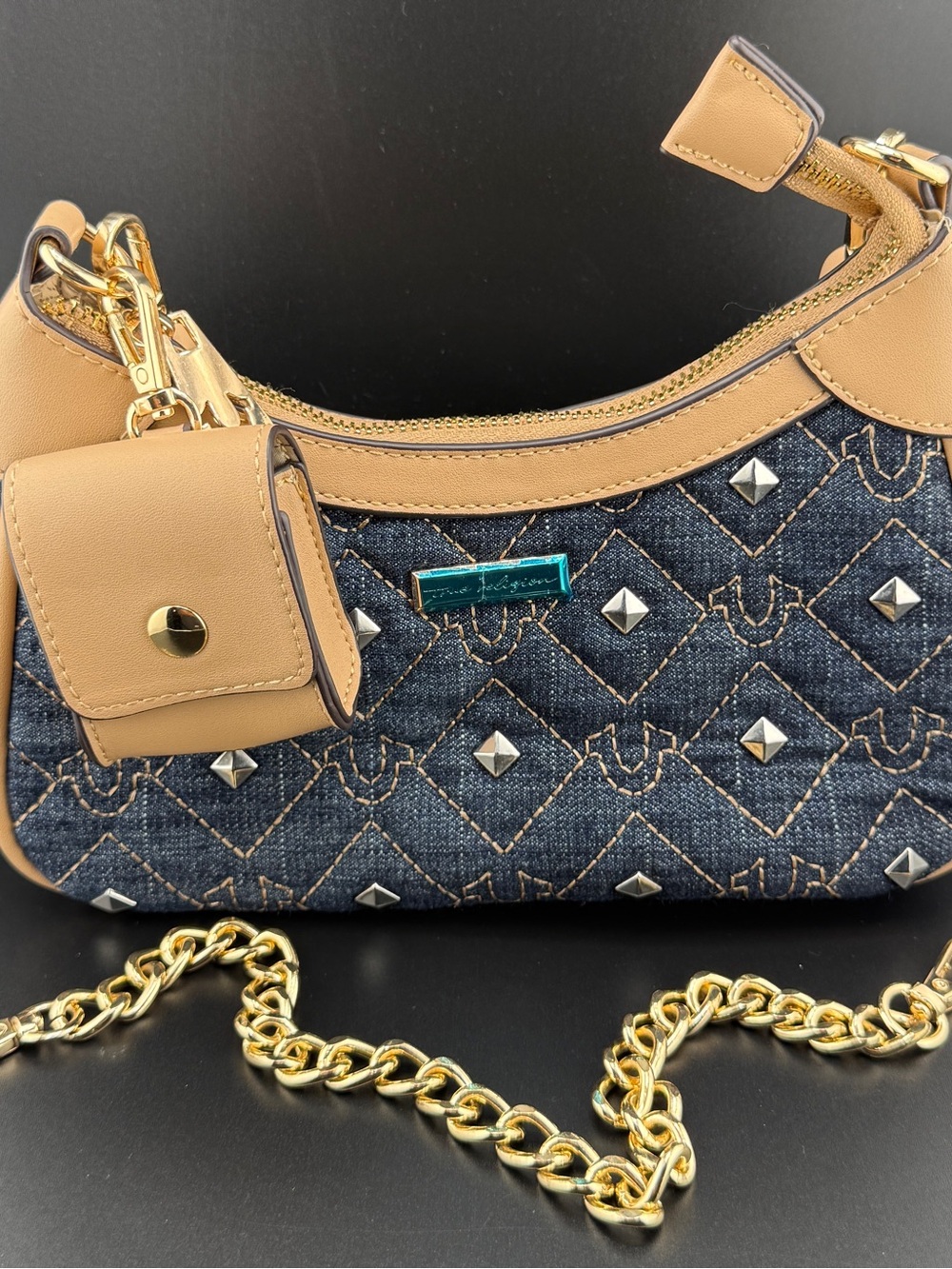 NEW True Religion Studded Denim Chain Shoulder Bag Horseshoe Purse Blue